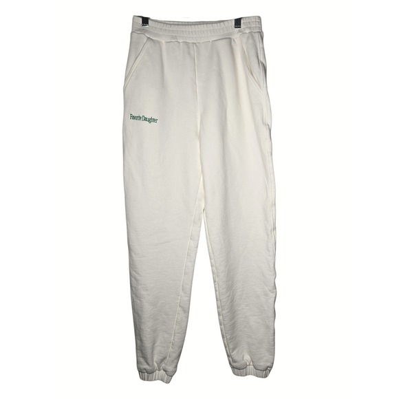 Favorite Daughter Pants - Favorite Daughter Logo Joggers S Ivory Cotton Sweatpants Green Embroidery